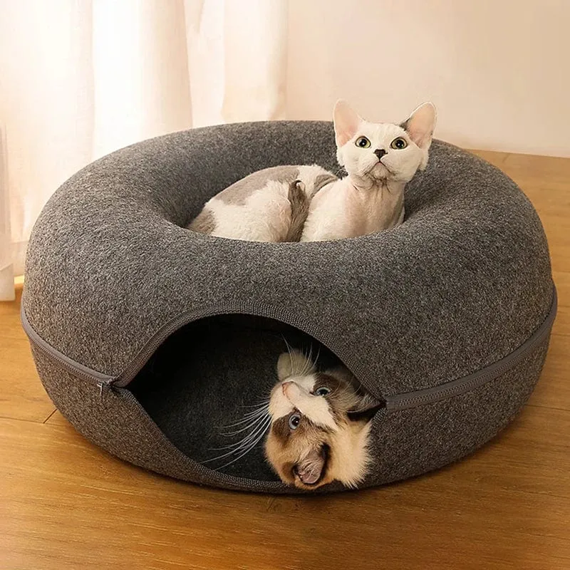 Donut-Katzenbett für 2 Katzen, Katzentunnel, Spielzeug für Katzen, Kätzchenhaus, Korb, interaktives Spielspielzeug für Katzen, Kaninchenhöhle, Nest aus natürlichem Filz