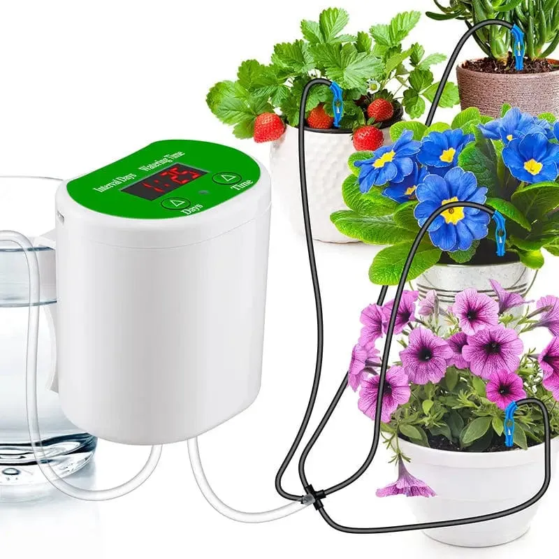 Ein intelligenter, zeitgesteuerter automatischer Blumenbewässerer, Topfbewässerung, Tropfwasser-Sickerwasserapplikator, Gartengrünpflanze