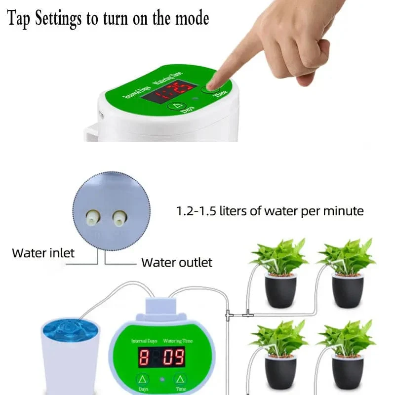 Ein intelligenter, zeitgesteuerter automatischer Blumenbewässerer, Topfbewässerung, Tropfwasser-Sickerwasserapplikator, Gartengrünpflanze