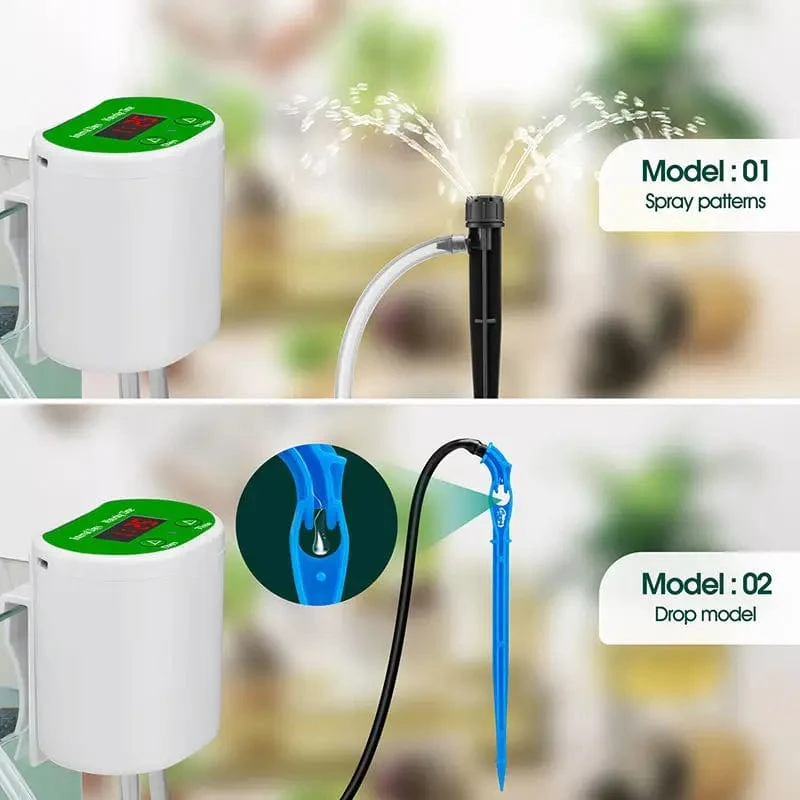 Ein intelligenter, zeitgesteuerter automatischer Blumenbewässerer, Topfbewässerung, Tropfwasser-Sickerwasserapplikator, Gartengrünpflanze