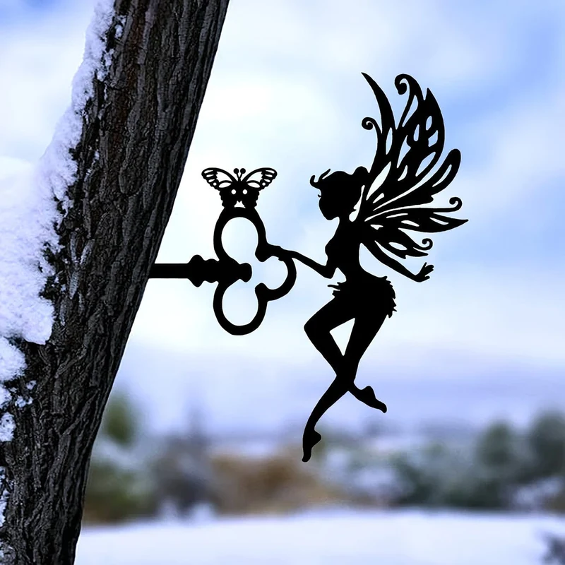 1 Stück hübsche Elfe auf Ast, Stahl-Silhouette, Metall, Wandkunst, Haus, Garten, Hof, Terrasse, Außenstatue, Pfahldekoration, perfekt für Geburtstage, Einweihungsgeschenke, Hof-Kunstdekoration