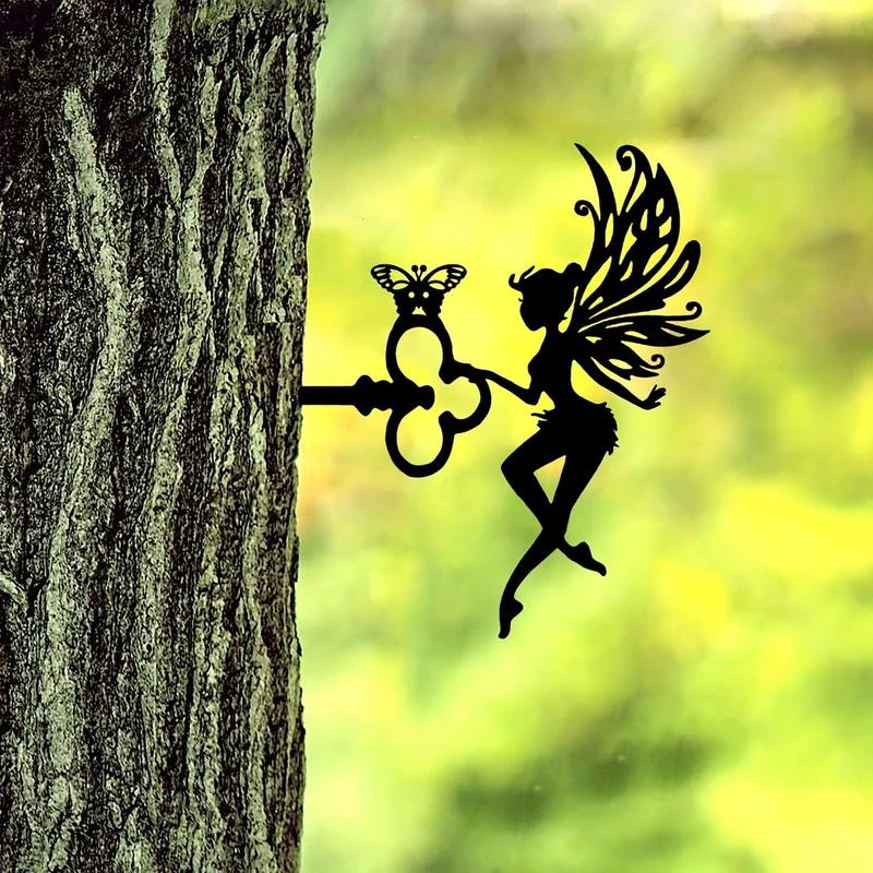 1 Stück hübsche Elfe auf Ast, Stahl-Silhouette, Metall, Wandkunst, Haus, Garten, Hof, Terrasse, Außenstatue, Pfahldekoration, perfekt für Geburtstage, Einweihungsgeschenke, Hof-Kunstdekoration