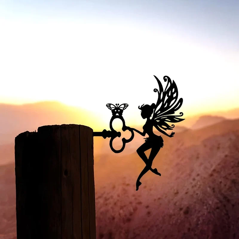 1 Stück hübsche Elfe auf Ast, Stahl-Silhouette, Metall, Wandkunst, Haus, Garten, Hof, Terrasse, Außenstatue, Pfahldekoration, perfekt für Geburtstage, Einweihungsgeschenke, Hof-Kunstdekoration