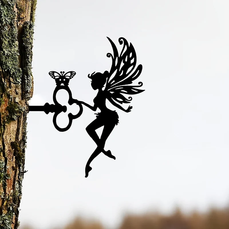 1 Stück hübsche Elfe auf Ast, Stahl-Silhouette, Metall, Wandkunst, Haus, Garten, Hof, Terrasse, Außenstatue, Pfahldekoration, perfekt für Geburtstage, Einweihungsgeschenke, Hof-Kunstdekoration