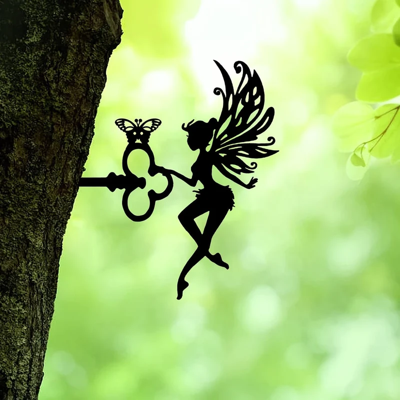 1 Stück hübsche Elfe auf Ast, Stahl-Silhouette, Metall, Wandkunst, Haus, Garten, Hof, Terrasse, Außenstatue, Pfahldekoration, perfekt für Geburtstage, Einweihungsgeschenke, Hof-Kunstdekoration