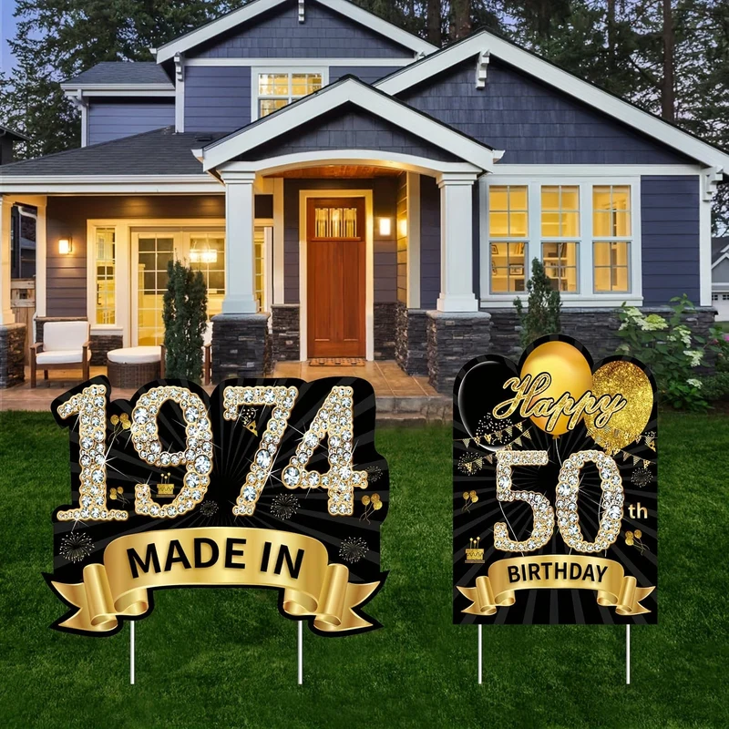 2 Stück 2024 schwarz-goldene Gartenschild-Dekorationen zum 50. Geburtstag für Frauen, Schild „Alles Gute zum 50. Geburtstag“ mit Pfahl, hergestellt im Jahr 1974, Rasenschild, Partyzubehör, „Alles Gute zum XNUMX. Geburtstag“-Gartendekoration mit Pfählen