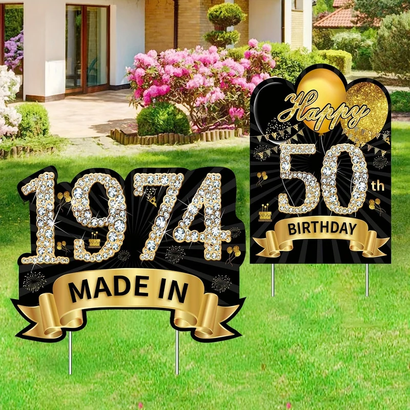 2 Stück 2024 schwarz-goldene Gartenschild-Dekorationen zum 50. Geburtstag für Frauen, Schild „Alles Gute zum 50. Geburtstag“ mit Pfahl, hergestellt im Jahr 1974, Rasenschild, Partyzubehör, „Alles Gute zum XNUMX. Geburtstag“-Gartendekoration mit Pfählen
