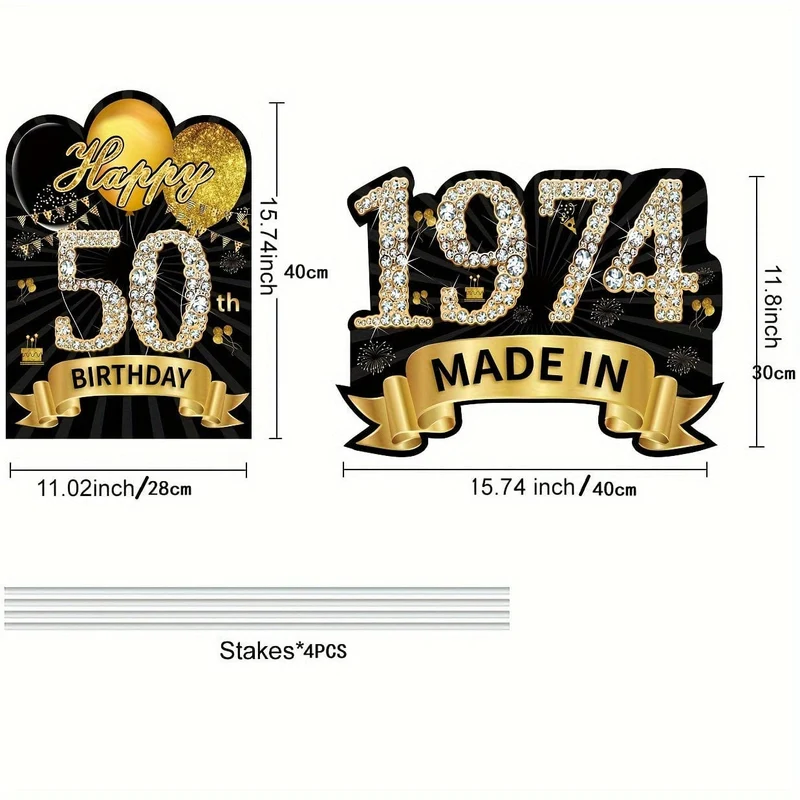 2 Stück 2024 schwarz-goldene Gartenschild-Dekorationen zum 50. Geburtstag für Frauen, Schild „Alles Gute zum 50. Geburtstag“ mit Pfahl, hergestellt im Jahr 1974, Rasenschild, Partyzubehör, „Alles Gute zum XNUMX. Geburtstag“-Gartendekoration mit Pfählen