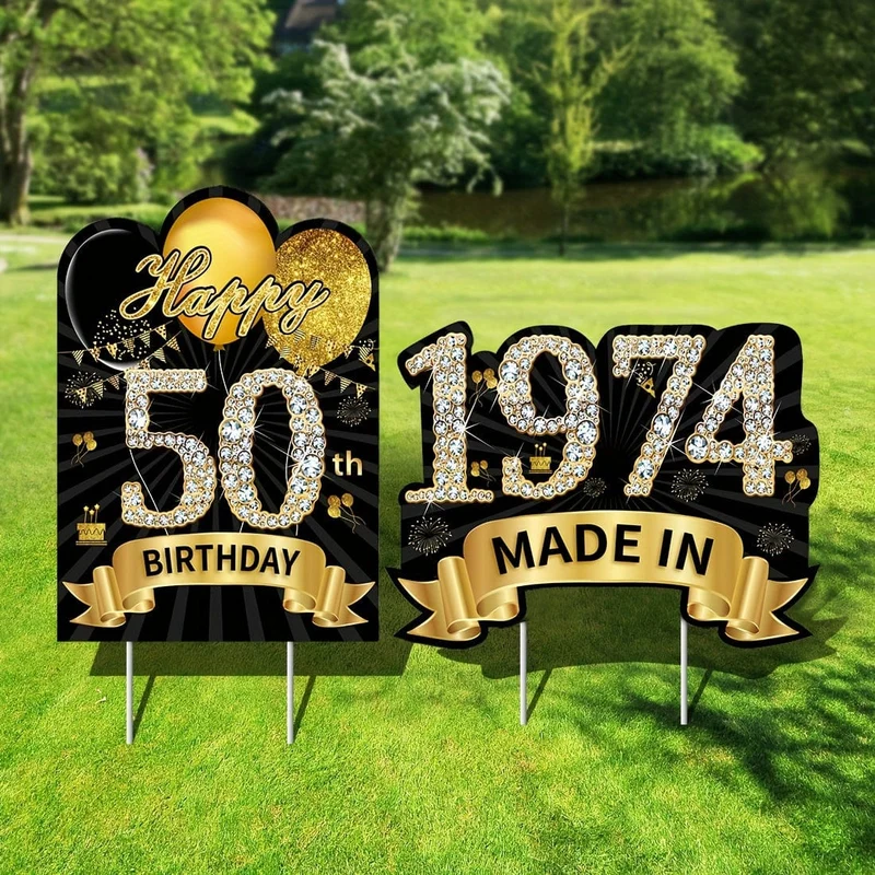 2 Stück 2024 schwarz-goldene Gartenschild-Dekorationen zum 50. Geburtstag für Frauen, Schild „Alles Gute zum 50. Geburtstag“ mit Pfahl, hergestellt im Jahr 1974, Rasenschild, Partyzubehör, „Alles Gute zum XNUMX. Geburtstag“-Gartendekoration mit Pfählen