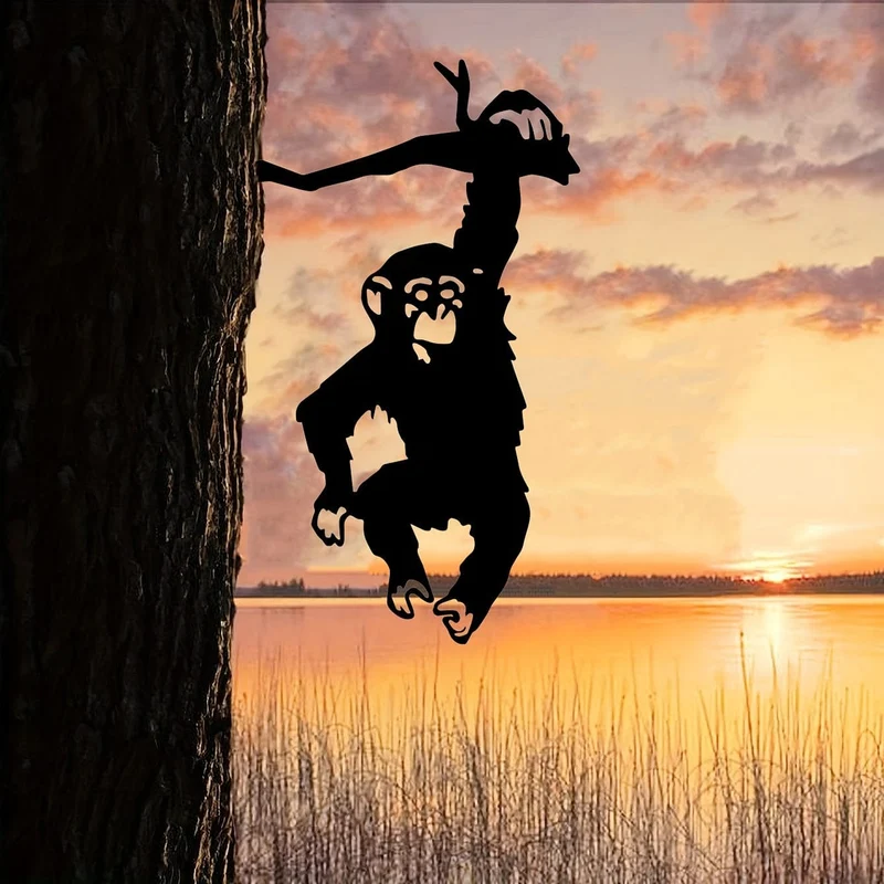 1 Stück Affe, der am Ast hängt, Gartenstecker, Hof-Kunstdekor, Silhouette, Metall-Wandkunst, Hausgarten, Hof, Terrasse, Außenstatue, Pfahldekoration, perfekt für Geburtstage, Einweihungsgeschenke