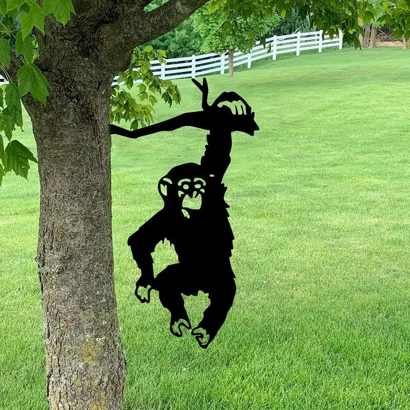 1 Stück Affe, der am Ast hängt, Gartenstecker, Hof-Kunstdekor, Silhouette, Metall-Wandkunst, Hausgarten, Hof, Terrasse, Außenstatue, Pfahldekoration, perfekt für Geburtstage, Einweihungsgeschenke