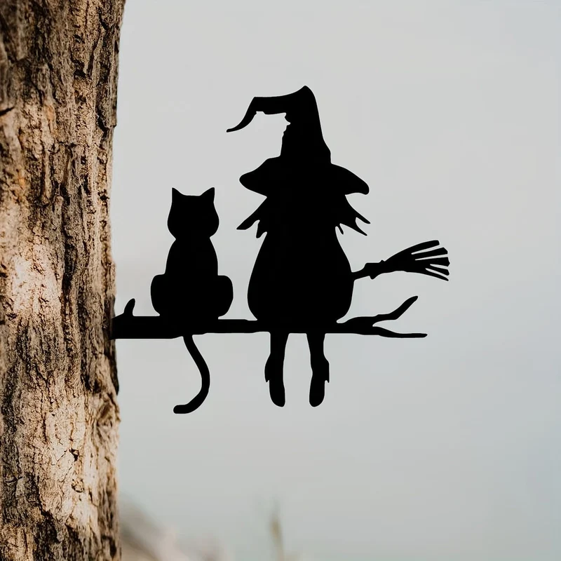 1 Stück Eisen-Silhouette, niedliche Hexe und Katze, Gartenstecker auf dem Ast, Hof-Kunstdekoration, Baumstumpf-Plug-in, für Garten, Rasen, Innenhof