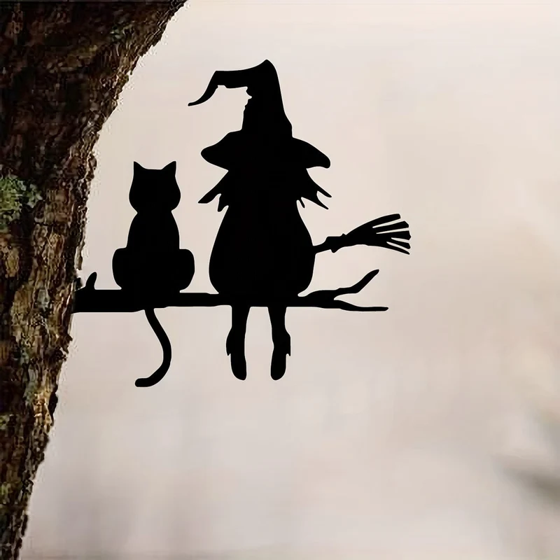 1 Stück Eisen-Silhouette, niedliche Hexe und Katze, Gartenstecker auf dem Ast, Hof-Kunstdekoration, Baumstumpf-Plug-in, für Garten, Rasen, Innenhof