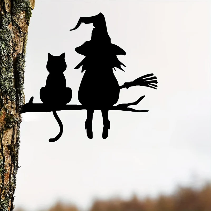 1 Stück Eisen-Silhouette, niedliche Hexe und Katze, Gartenstecker auf dem Ast, Hof-Kunstdekoration, Baumstumpf-Plug-in, für Garten, Rasen, Innenhof