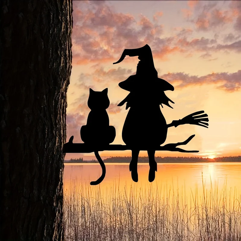 1 Stück Eisen-Silhouette, niedliche Hexe und Katze, Gartenstecker auf dem Ast, Hof-Kunstdekoration, Baumstumpf-Plug-in, für Garten, Rasen, Innenhof