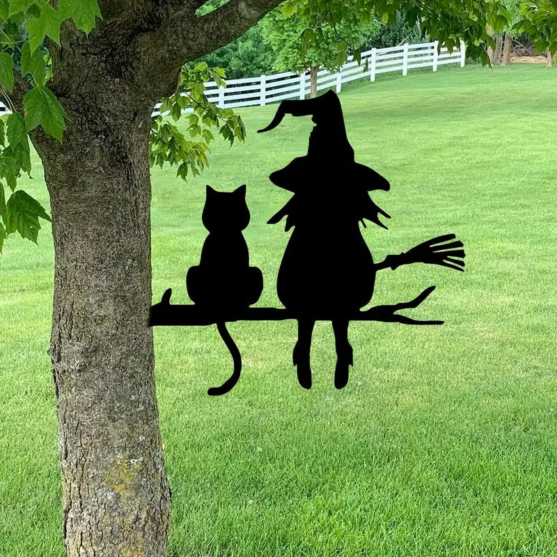 1 Stück Eisen-Silhouette, niedliche Hexe und Katze, Gartenstecker auf dem Ast, Hof-Kunstdekoration, Baumstumpf-Plug-in, für Garten, Rasen, Innenhof