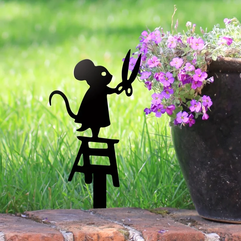 1-teiliges Gartenstecker-Silhouette aus Metall, Maus mit Scheren-Design, 17.02 x 6.86 cm, dekoratives Kunstschild für Rasen und Hof, kreative Tierskulptur, Dekoration für den Außenbereich für den Frühling, langlebiges Metallmaterial