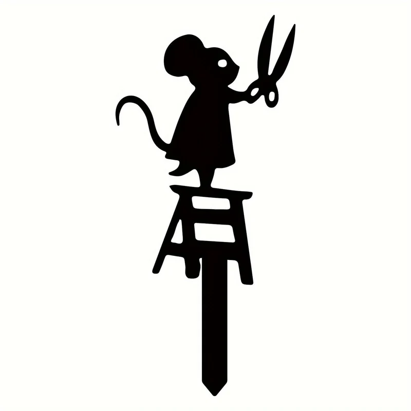 1-teiliges Gartenstecker-Silhouette aus Metall, Maus mit Scheren-Design, 17.02 x 6.86 cm, dekoratives Kunstschild für Rasen und Hof, kreative Tierskulptur, Dekoration für den Außenbereich für den Frühling, langlebiges Metallmaterial