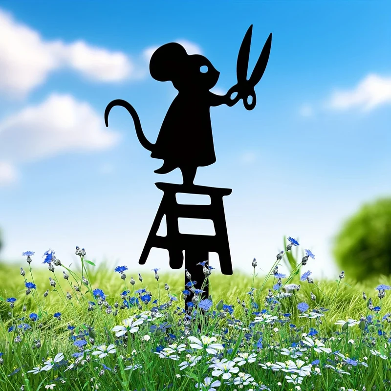 1-teiliges Gartenstecker-Silhouette aus Metall, Maus mit Scheren-Design, 17.02 x 6.86 cm, dekoratives Kunstschild für Rasen und Hof, kreative Tierskulptur, Dekoration für den Außenbereich für den Frühling, langlebiges Metallmaterial