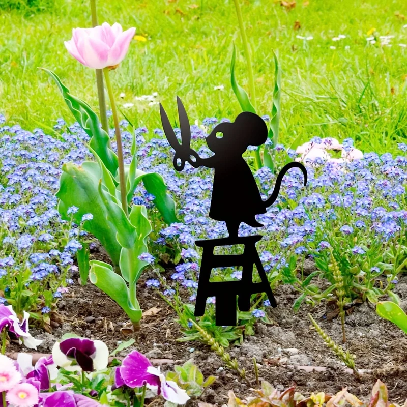 1-teiliges Gartenstecker-Silhouette aus Metall, Maus mit Scheren-Design, 17.02 x 6.86 cm, dekoratives Kunstschild für Rasen und Hof, kreative Tierskulptur, Dekoration für den Außenbereich für den Frühling, langlebiges Metallmaterial