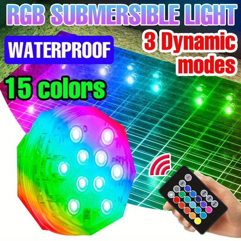 1 x RGB-LED-Tauchleuchte, 15 Farbwechsel, batteriebetrieben, Unterwasser-Teichbeleuchtung, wasserdicht, 3 Modi, bunte Aquarium-Atmosphäre, Schwimmbad-Lampe, Brunnen mit Fernbedienung für den Garten im Freien