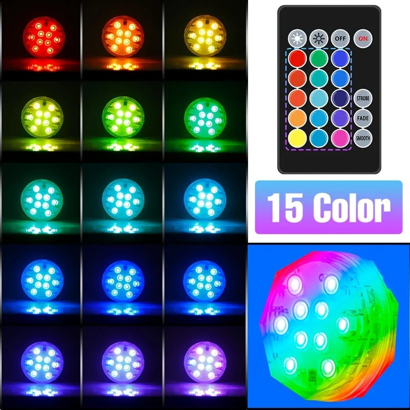 1 x RGB-LED-Tauchleuchte, 15 Farbwechsel, batteriebetrieben, Unterwasser-Teichbeleuchtung, wasserdicht, 3 Modi, bunte Aquarium-Atmosphäre, Schwimmbad-Lampe, Brunnen mit Fernbedienung für den Garten im Freien