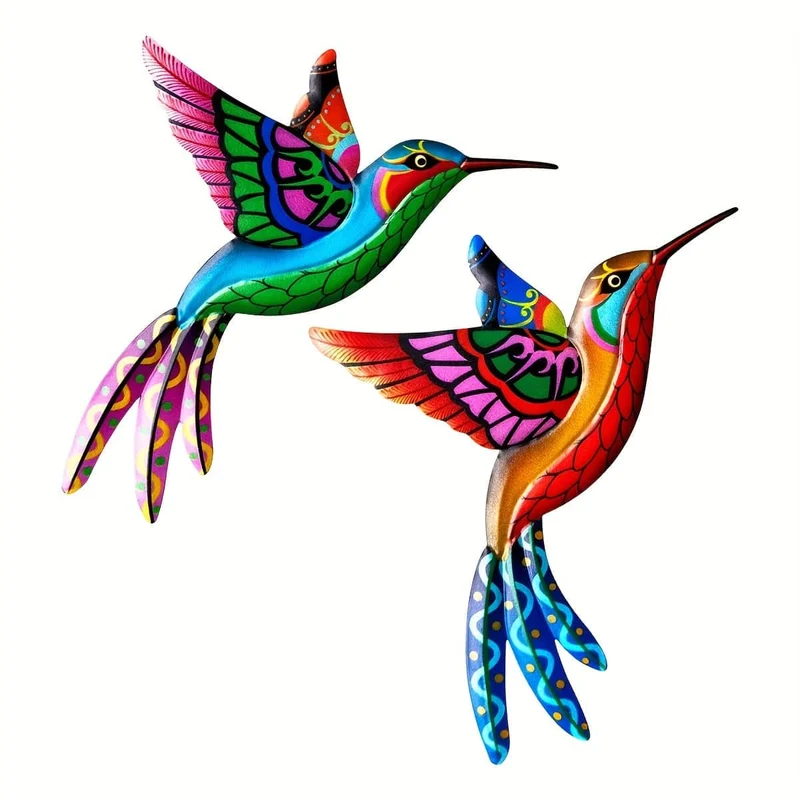 1/2 Stück Metall-Kolibri-Wandkunst-Dekor, bunte Metall-Vögel, Outdoor-Skulptur, Eisen-Außengarten-Hof-Hängedekoration, Ornamente, handgefertigte Vogel-Wandkunst-Zaundekorationen aus Metall für Wohnzimmer, Terrasse, Balkon, Innenbereich.