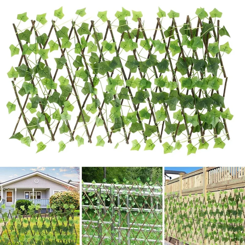 Neue Gartenabschirmung, erweiterbares Spalier, Sichtschutz, Hecke, künstliche künstliche Efeublätter, Holzzaun für Gartengebäude
