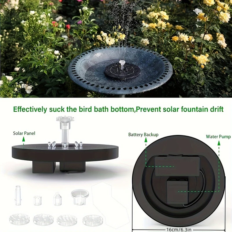 1 Stück 3 W LED-Solar-Vogelbadbrunnen, Solarpanel, Modell: CP31-2410, eingebaute 1500-mAh-Batterie-Solarbrunnenpumpe, 6 Düsen, 6 Brunnenarten, geeignet für Garten, Vogelbad, Teich, Aquarium, schwimmende Solarbrunnenpumpe