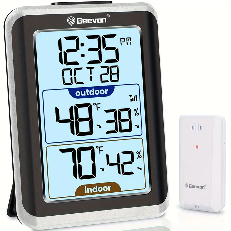 1 Stück Innen-Außenthermometer Drahtloses digitales Hygrometer Temperaturmessgerät mit Zeit, 200 Fuß/60 m Reichweite Temperatur-Feuchtigkeitssensor, ohne Batterie