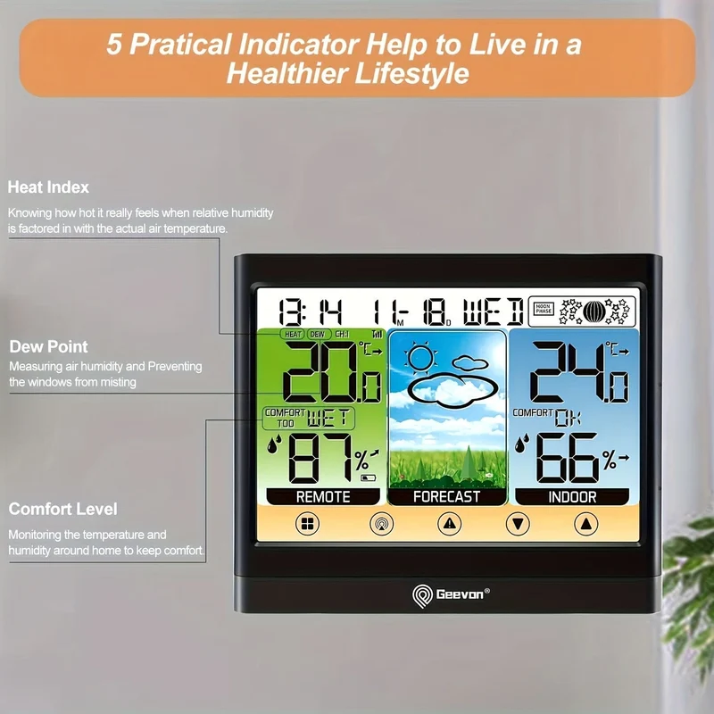 1-teilige Wetterstation, kabelloses Innen- und Außenthermometer, Hygrometer mit Taupunkt, Wärmeindex, Touch-LCD-Display, digitales Wetterthermometer mit Wecker und einstellbarer Hintergrundbeleuchtung
