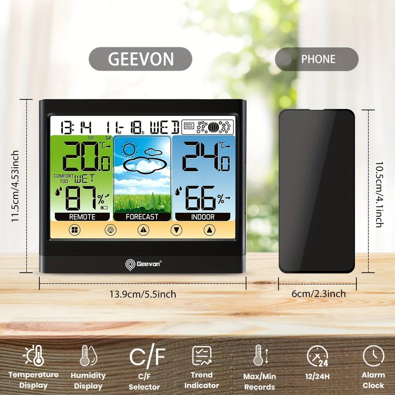 1-teilige Wetterstation, kabelloses Innen- und Außenthermometer, Hygrometer mit Taupunkt, Wärmeindex, Touch-LCD-Display, digitales Wetterthermometer mit Wecker und einstellbarer Hintergrundbeleuchtung