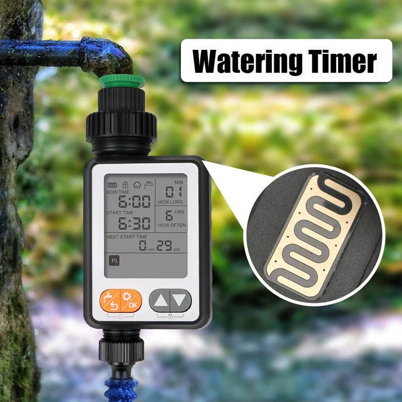 Wasserdichter Bewässerungsregler, batteriebetrieben, mehrere Programme, Gartenbewässerung, Timer, Regensensor, großer Bildschirm, automatisch