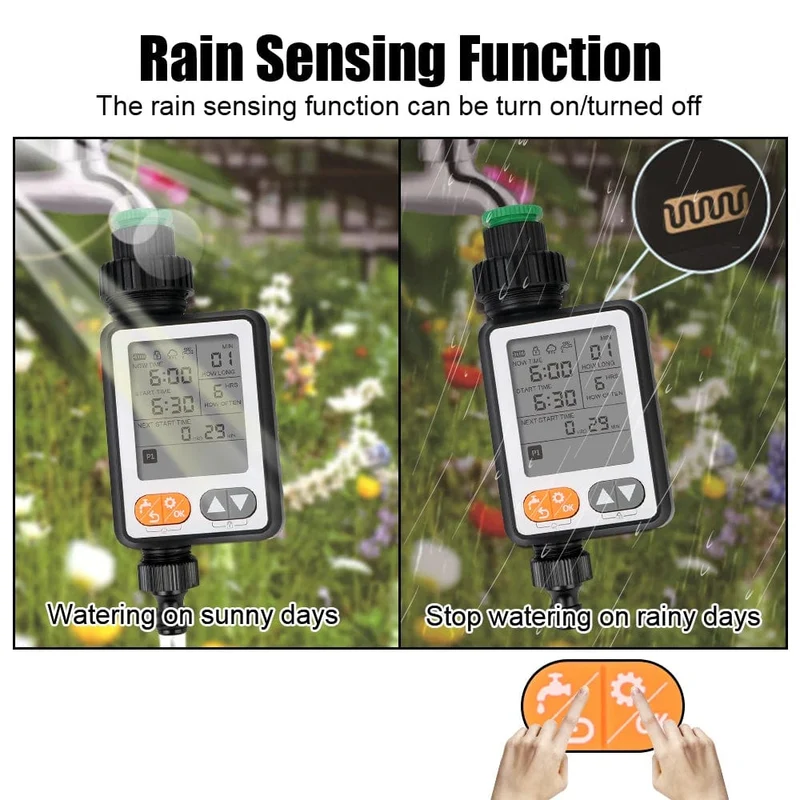 Wasserdichter Bewässerungsregler, batteriebetrieben, mehrere Programme, Gartenbewässerung, Timer, Regensensor, großer Bildschirm, automatisch