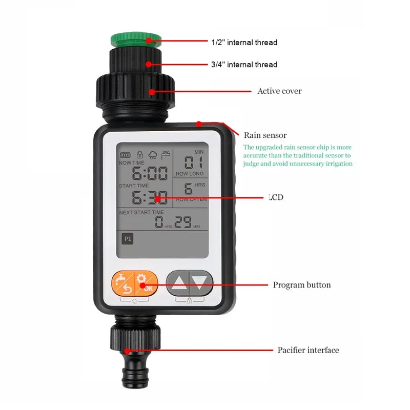 Wasserdichter Bewässerungsregler, batteriebetrieben, mehrere Programme, Gartenbewässerung, Timer, Regensensor, großer Bildschirm, automatisch