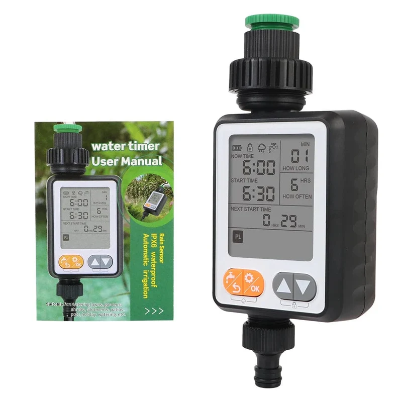 Wasserdichter Bewässerungsregler, batteriebetrieben, mehrere Programme, Gartenbewässerung, Timer, Regensensor, großer Bildschirm, automatisch