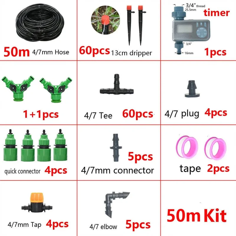 5-50M Automatisches Gartenbewässerungssystem DIY Timer Wassertropfbewässerungssystem Pflanzenbewässerungsset Rote Tropfer Set