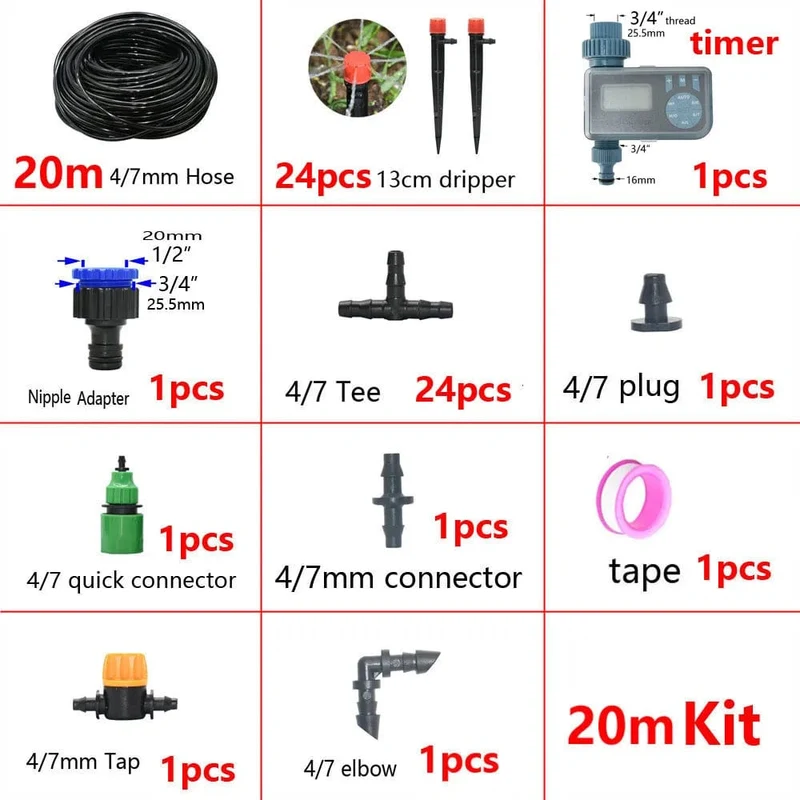 5-50M Automatisches Gartenbewässerungssystem DIY Timer Wassertropfbewässerungssystem Pflanzenbewässerungsset Rote Tropfer Set