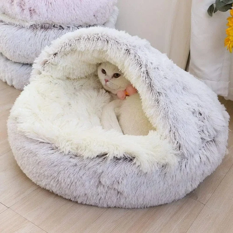 Weiches Plüsch-Haustierbett mit Bezug, rundes Katzenbett, Haustiermatratze, warme Katze/Hund, 2-in-1-Schlafnest, Höhle für kleine Hunde