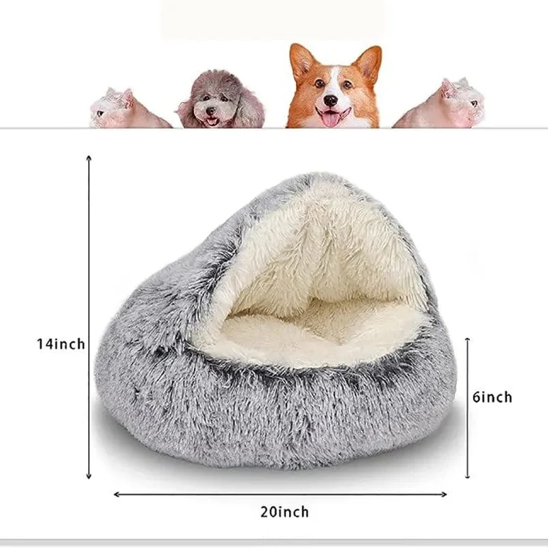 Weiches Plüsch-Haustierbett mit Bezug, rundes Katzenbett, Haustiermatratze, warme Katze/Hund, 2-in-1-Schlafnest, Höhle für kleine Hunde