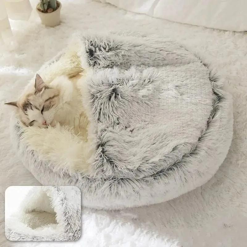 Weiches Plüsch-Haustierbett mit Bezug, rundes Katzenbett, Haustiermatratze, warme Katze/Hund, 2-in-1-Schlafnest, Höhle für kleine Hunde