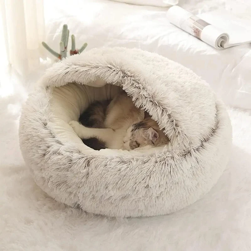 Weiches Plüsch-Haustierbett mit Bezug, rundes Katzenbett, Haustiermatratze, warme Katze/Hund, 2-in-1-Schlafnest, Höhle für kleine Hunde