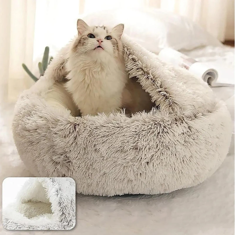 Weiches Plüsch-Haustierbett mit Bezug, rundes Katzenbett, Haustiermatratze, warme Katze/Hund, 2-in-1-Schlafnest, Höhle für kleine Hunde