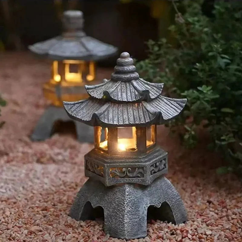 Dekoration Zen-Ornamente Solarbetriebene Turm Gartenstatue Palastlaternen Chinesische Solarlampe Steinhof Pagodenlaterne
