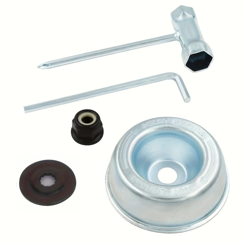 5 Stück/Set Klingenadapter-Aufsatz-Wartungsset für Stihl FS55 FS55R FS56 FS56RC FS70R FS80 FS85 FS90 FS90R FS94 FS100RX FS110 FS120 FS130 FS130R (Anlaufscheibe, Reiterplatte, Kragenmutter, Schraubenschlüssel)