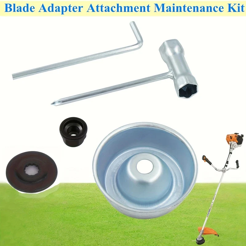 5 Stück/Set Klingenadapter-Aufsatz-Wartungsset für Stihl FS55 FS55R FS56 FS56RC FS70R FS80 FS85 FS90 FS90R FS94 FS100RX FS110 FS120 FS130 FS130R (Anlaufscheibe, Reiterplatte, Kragenmutter, Schraubenschlüssel)