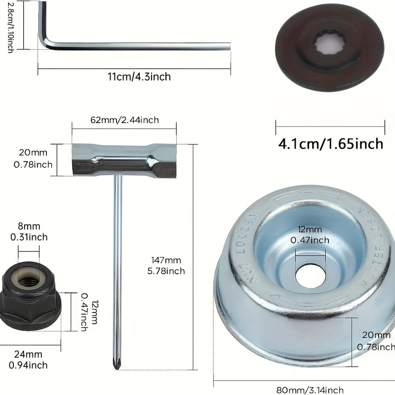 5 Stück/Set Klingenadapter-Aufsatz-Wartungsset für Stihl FS55 FS55R FS56 FS56RC FS70R FS80 FS85 FS90 FS90R FS94 FS100RX FS110 FS120 FS130 FS130R (Anlaufscheibe, Reiterplatte, Kragenmutter, Schraubenschlüssel)