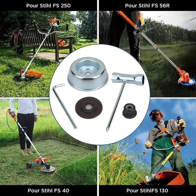 5 Stück/Set Klingenadapter-Aufsatz-Wartungsset für Stihl FS55 FS55R FS56 FS56RC FS70R FS80 FS85 FS90 FS90R FS94 FS100RX FS110 FS120 FS130 FS130R (Anlaufscheibe, Reiterplatte, Kragenmutter, Schraubenschlüssel)
