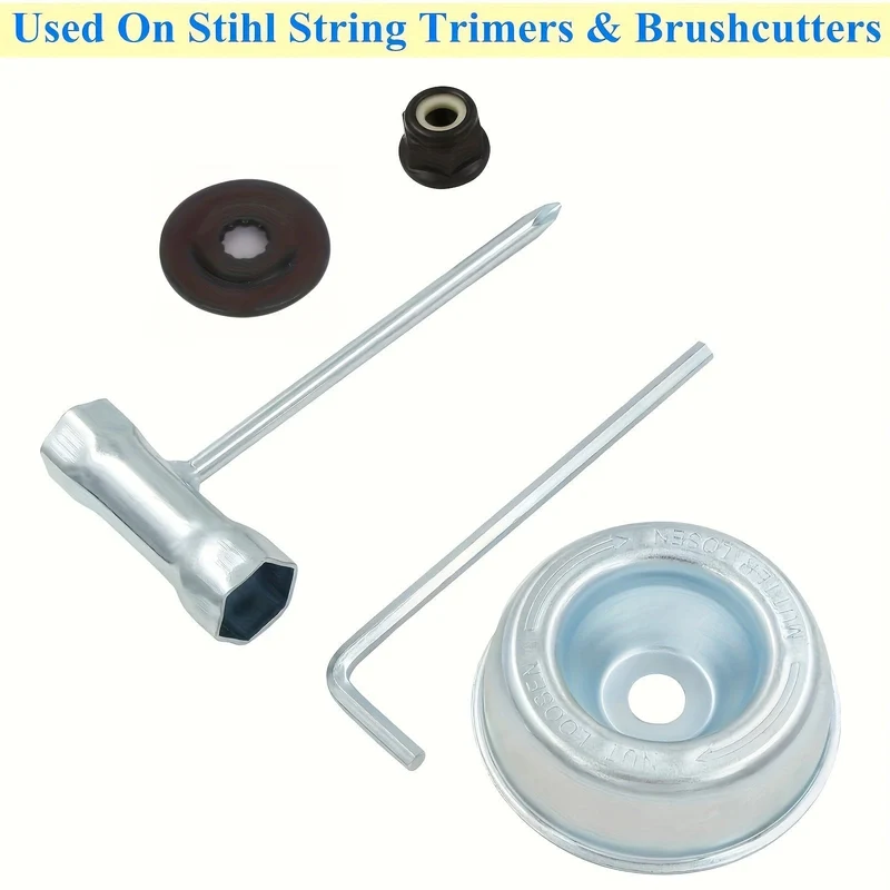5 Stück/Set Klingenadapter-Aufsatz-Wartungsset für Stihl FS55 FS55R FS56 FS56RC FS70R FS80 FS85 FS90 FS90R FS94 FS100RX FS110 FS120 FS130 FS130R (Anlaufscheibe, Reiterplatte, Kragenmutter, Schraubenschlüssel)