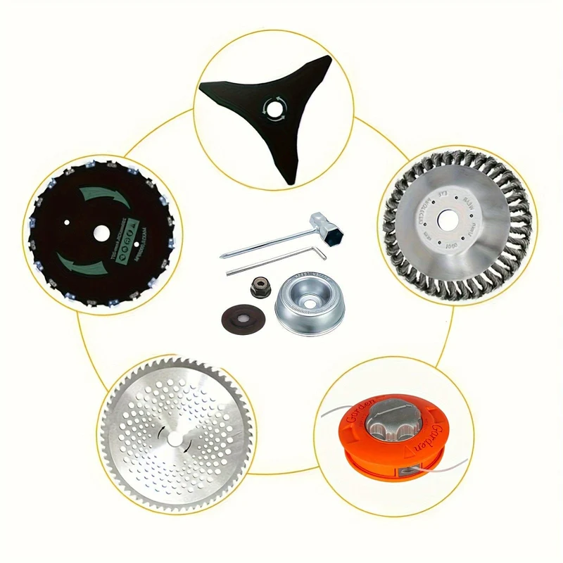 5 Stück/Set Klingenadapter-Aufsatz-Wartungsset für Stihl FS55 FS55R FS56 FS56RC FS70R FS80 FS85 FS90 FS90R FS94 FS100RX FS110 FS120 FS130 FS130R (Anlaufscheibe, Reiterplatte, Kragenmutter, Schraubenschlüssel)